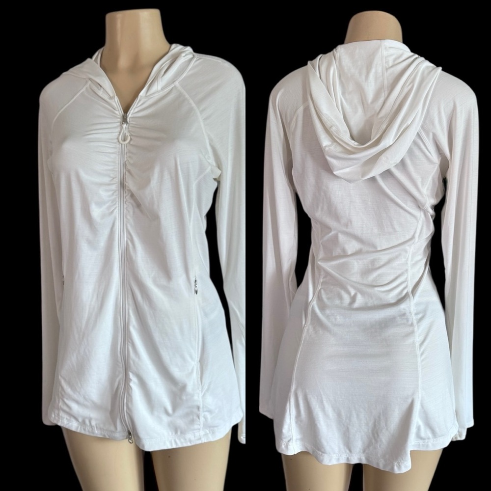 Athleta Hooded White Full Zip Up Jacket Long Sleeve Size M Workout Running Gym